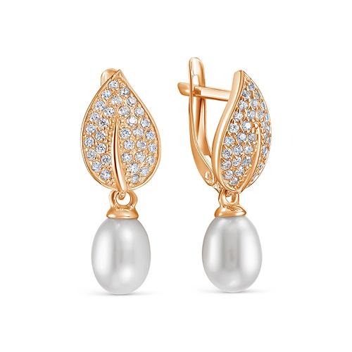 Серьги длинные, красное золото 585 проба, вставка жемчуг (Россия)