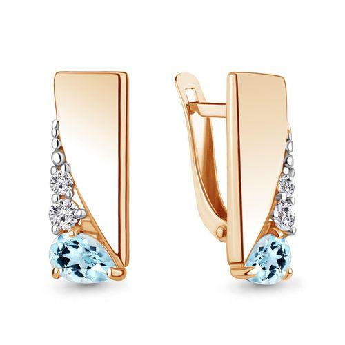 Серьги с английским замком Aquamarine, красное золото 585 проба, вставка фианит (Aquamarine, Россия)