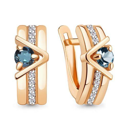 Серьги с английским замком Aquamarine, красное золото 585 проба, вставка фианит