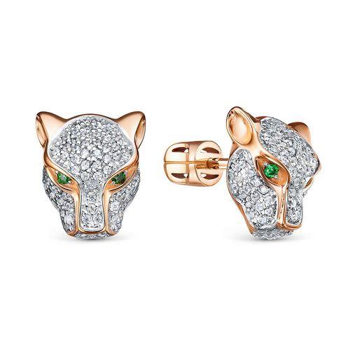 Серьги пусеты Berger, красное золото 585 проба, вставка фианит