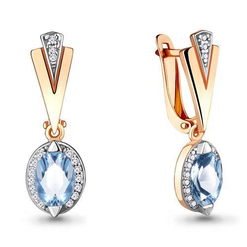 Серьги длинные Aquamarine, красное золото 585 проба, вставка фианит