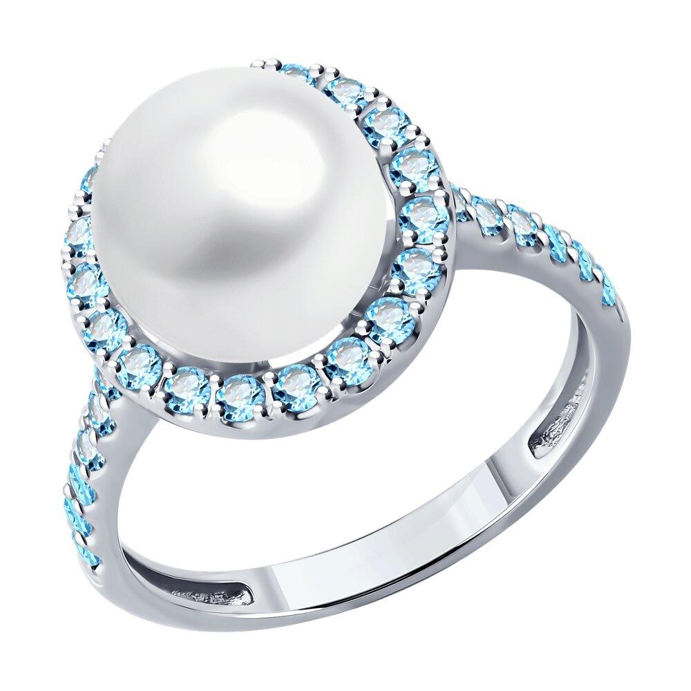 Кольцо декоративное, белое золото 585 проба, вставка жемчуг/топаз