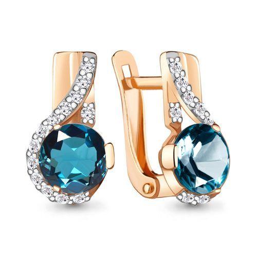 Серьги с английским замком Aquamarine, красное золото 585 проба, вставка фианит