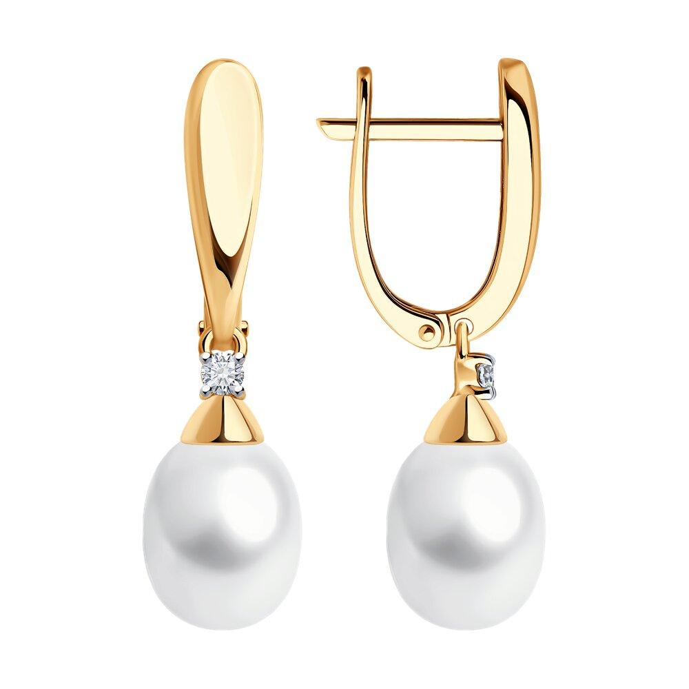 Серьги длинные, красное золото 585 проба, вставка фианит/жемчуг