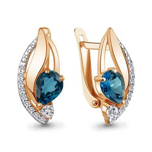 Серьги с английским замком Aquamarine, красное золото 585 проба, вставка фианит