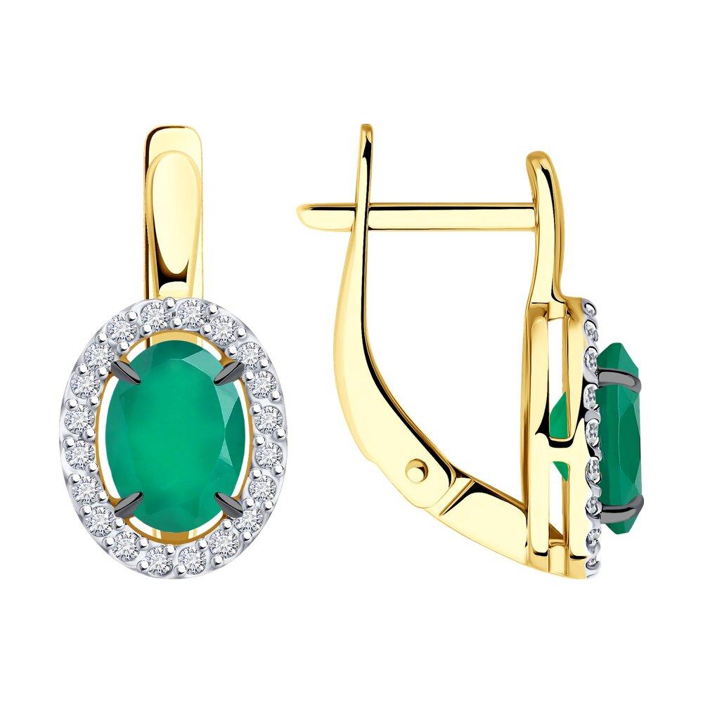 Серьги с английским замком, желтое золото 585 проба, вставка фианит/агат (Россия)