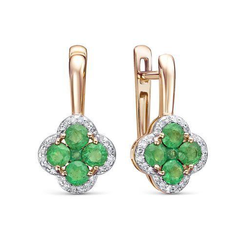 Серьги с английским замком RoseGrace, красное золото 585 проба, вставка изумруд