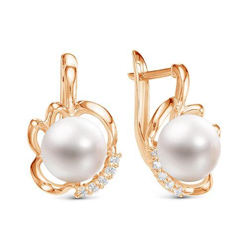 Серьги с английским замком Zlato, красное золото 585 проба, вставка фианит/жемчуг (Zlato, Россия)