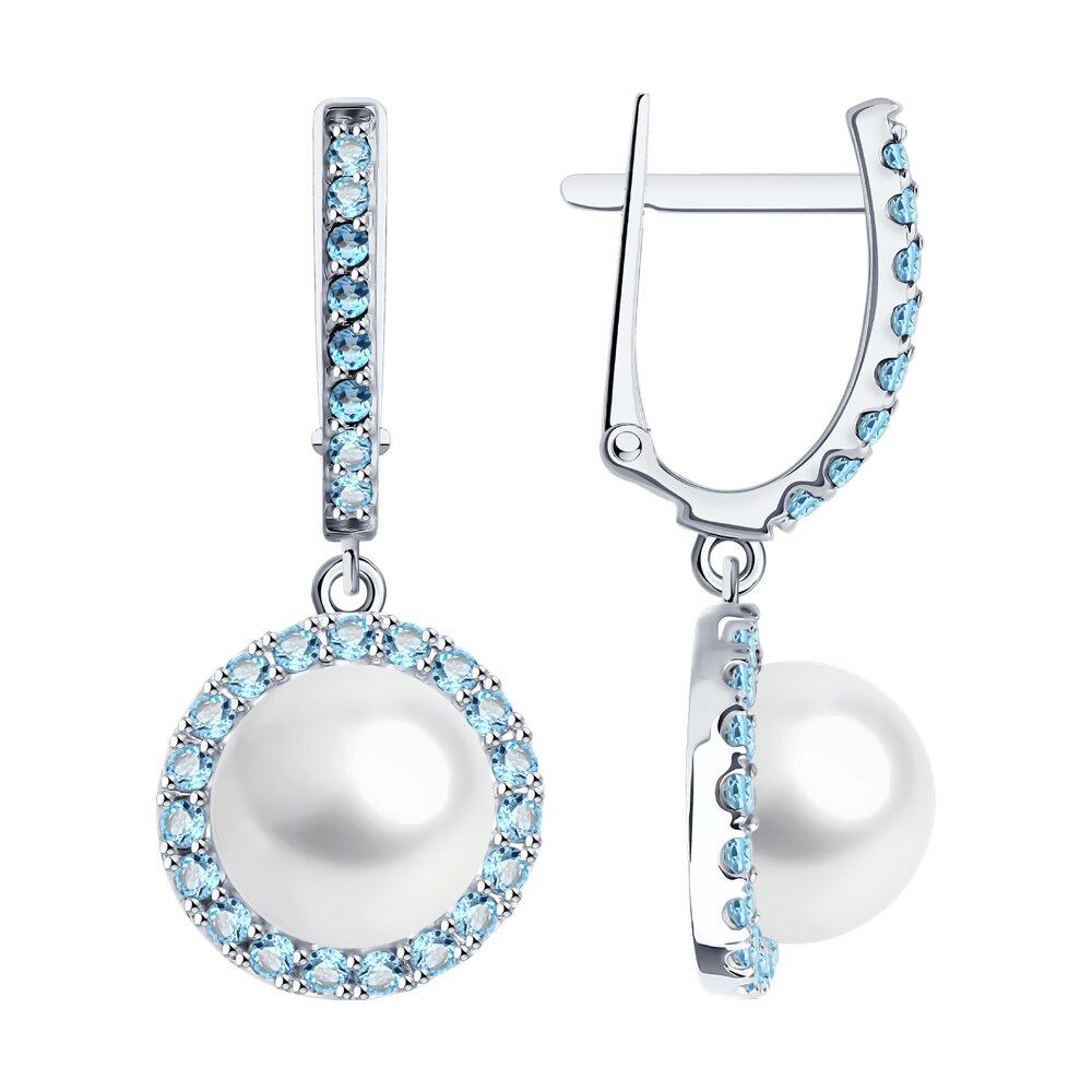 Серьги длинные, белое золото 585 проба, вставка жемчуг/топаз