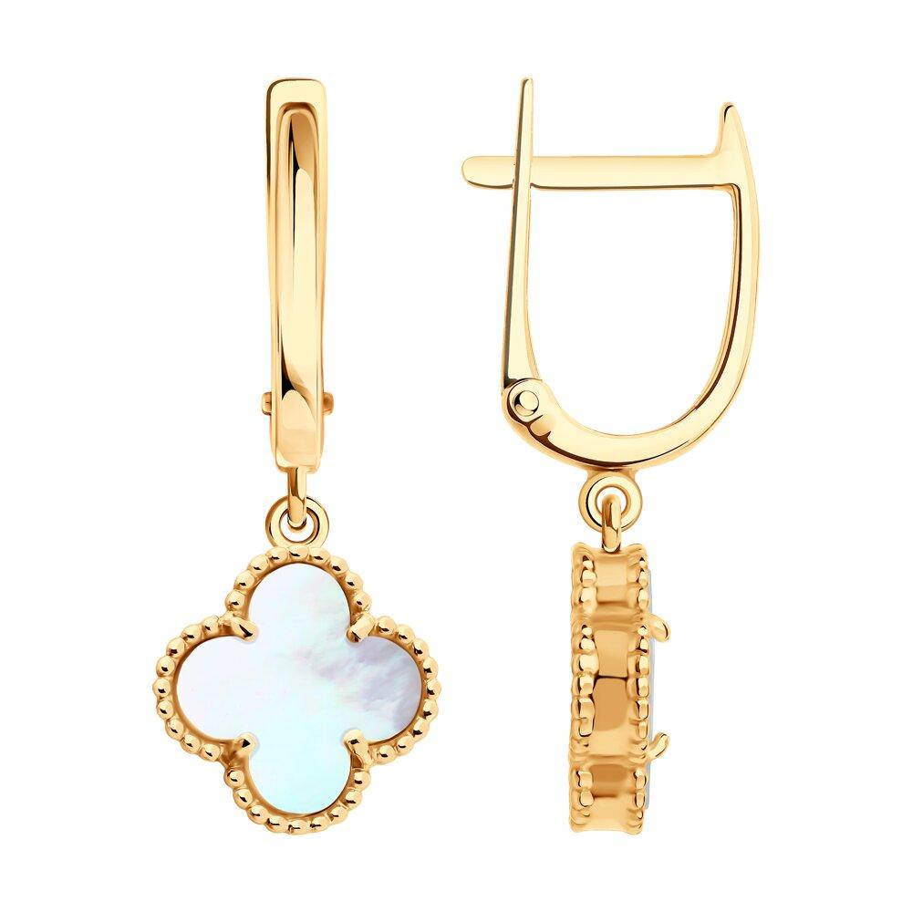 Серьги длинные, красное золото 585 проба, вставка перламутр (Россия)