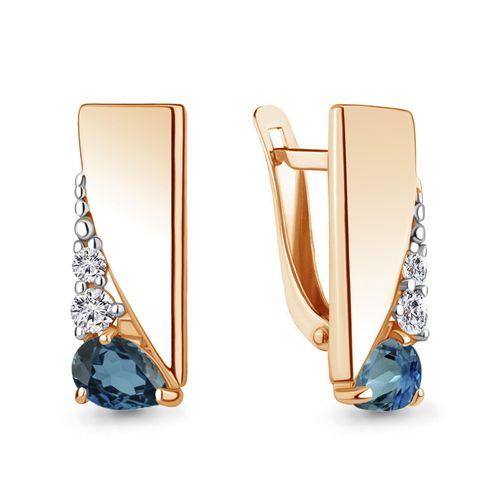 Серьги с английским замком Aquamarine, красное золото 585 проба, вставка фианит (Aquamarine, Россия)