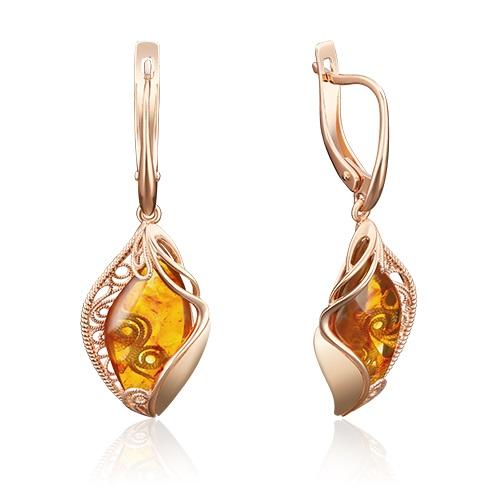 Серьги длинные Platina Jewellery, красное золото 585 проба, вставка янтарь