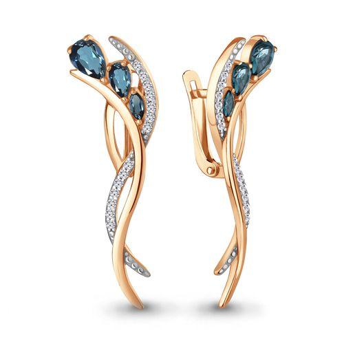 Серьги длинные Aquamarine, красное золото 585 проба, вставка фианит