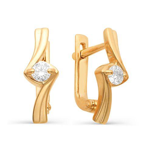 Серьги с английским замком, красное золото 585 проба, вставка фианит (Беларусь)