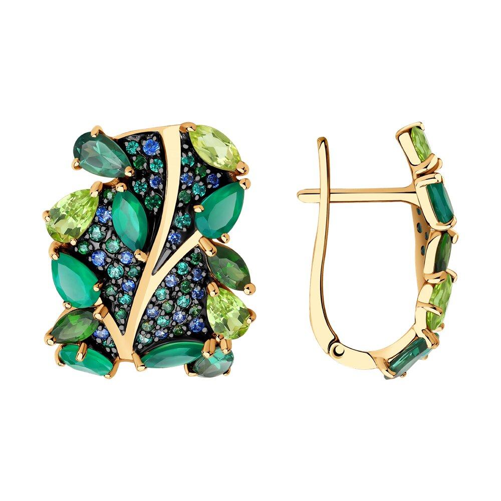 Серьги с английским замком, красное золото 585 проба, вставка фианит/агат/ситалл/хризолит (Россия)