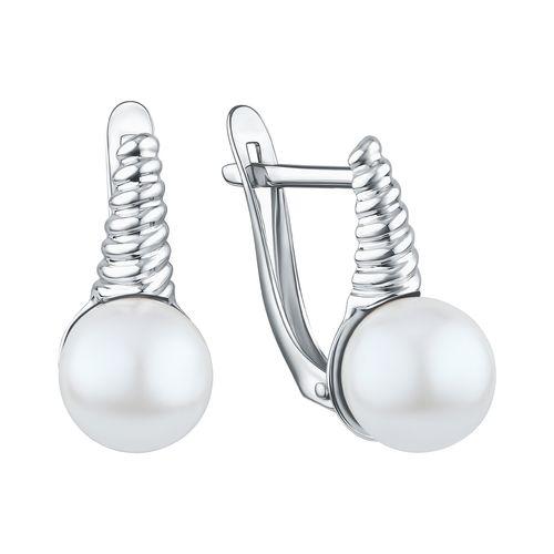 Серьги с английским замком,  серебро 925 проба, вставка жемчуг (Россия)