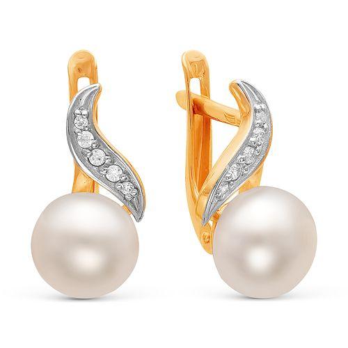 Серьги с английским замком Zlato, красное золото 585 проба, вставка фианит/жемчуг (Zlato, Россия)