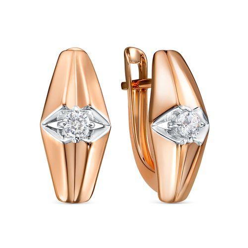 Серьги с английским замком, красное золото 585 проба, вставка фианит (Беларусь)