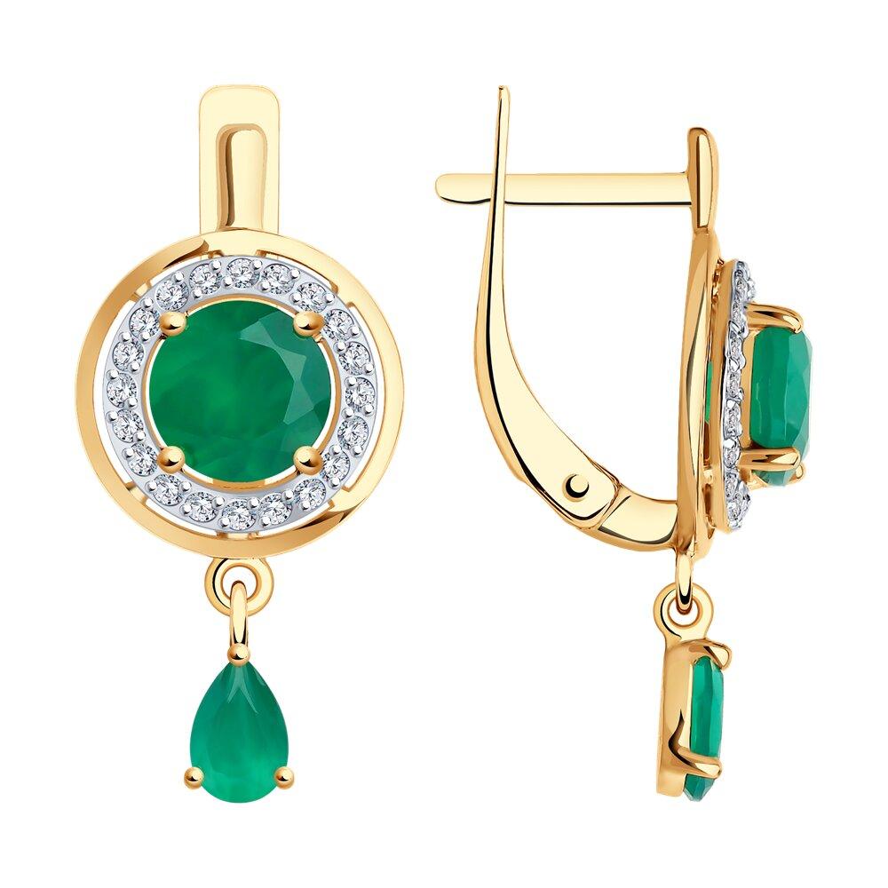 Серьги длинные, красное золото 585 проба, вставка фианит/агат (Россия)