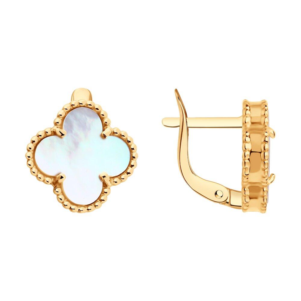 Серьги с английским замком, красное золото 585 проба, вставка перламутр (Россия)