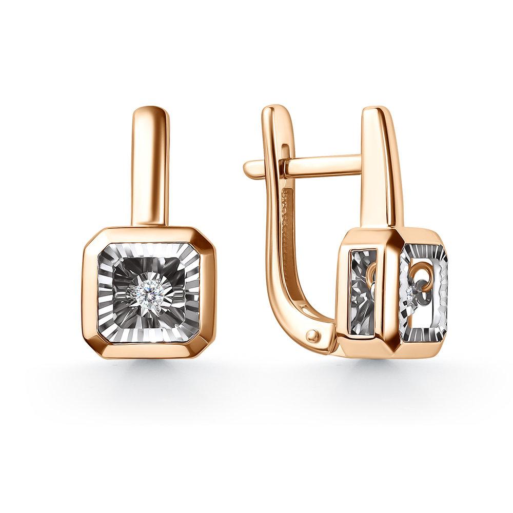 Серьги с английским замком Grigoriev, красное золото 585 проба, вставка бриллиант