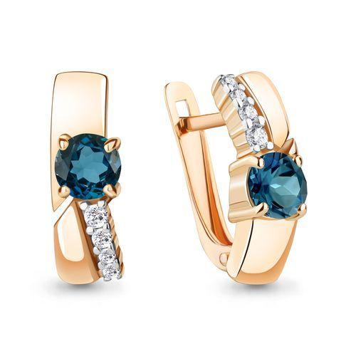 Серьги с английским замком Aquamarine, красное золото 585 проба, вставка фианит