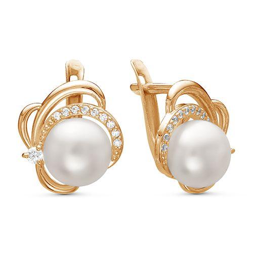 Серьги с английским замком Zlato, красное золото 585 проба, вставка фианит/жемчуг (Zlato, Россия)