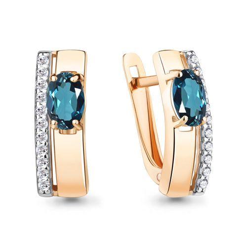 Серьги с английским замком Aquamarine, красное золото 585 проба, вставка фианит