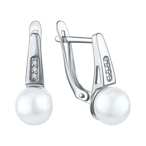 Серьги с английским замком,  серебро 925 проба, вставка жемчуг (Россия)