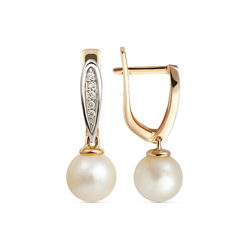 Серьги с английским замком, красное золото 585 проба, вставка жемчуг (Беларусь)