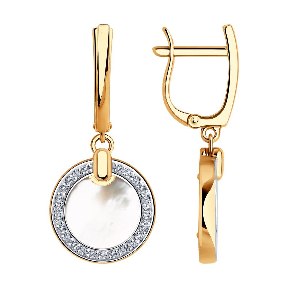 Серьги длинные, красное золото 585 проба, вставка фианит/перламутр (Россия)