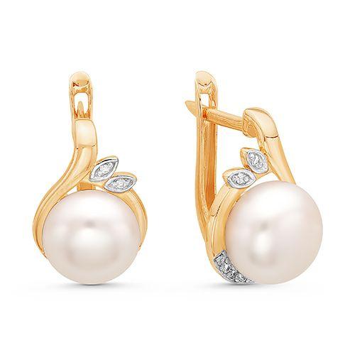 Серьги с английским замком Zlato, красное золото 585 проба, вставка фианит/жемчуг (Zlato, Россия)