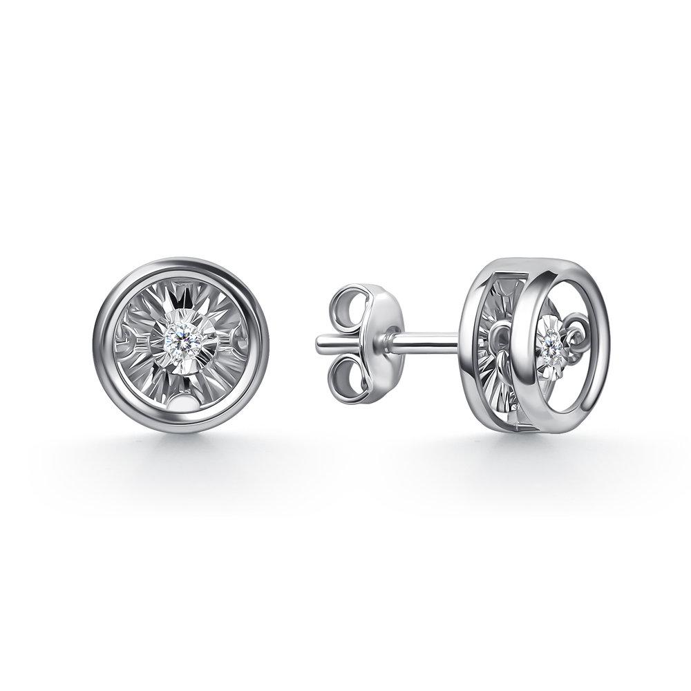 Серьги пусеты Grigoriev, белое золото 585 проба, вставка бриллиант