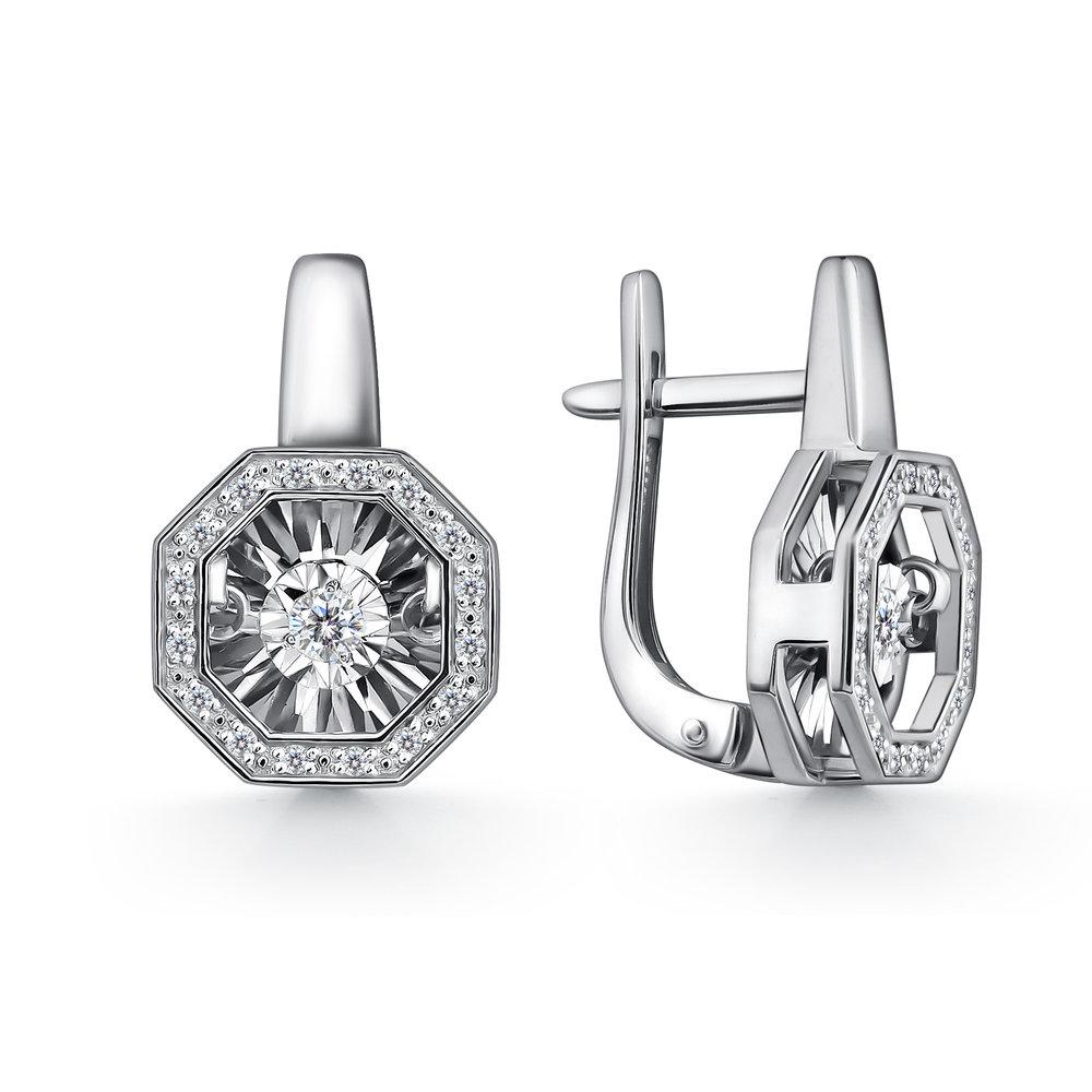 Серьги с английским замком Grigoriev, белое золото 585 проба, вставка бриллиант