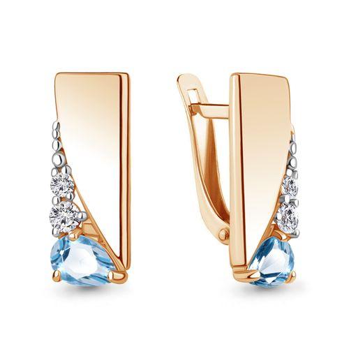 Серьги с английским замком Aquamarine, красное золото 585 проба, вставка фианит (Aquamarine, Россия)