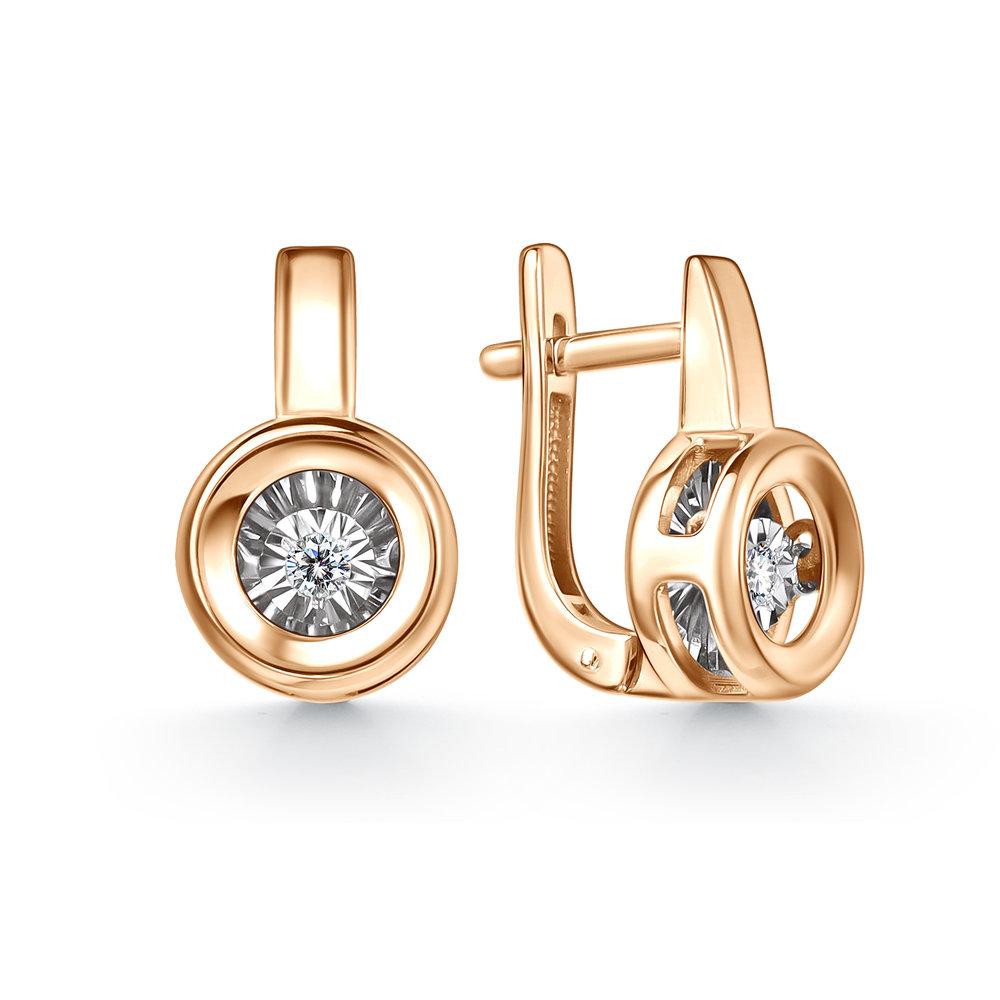 Серьги с английским замком Grigoriev, красное золото 585 проба, вставка бриллиант