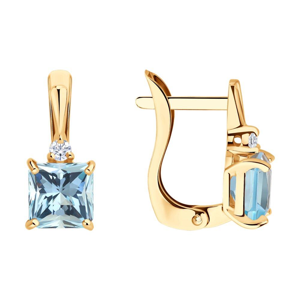 Серьги с английским замком, красное золото 585 проба, вставка фианит/топаз (Россия)