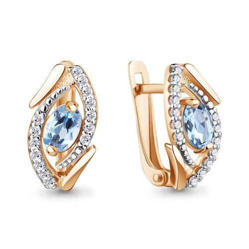 Серьги с английским замком Aquamarine, красное золото 585 проба, вставка фианит