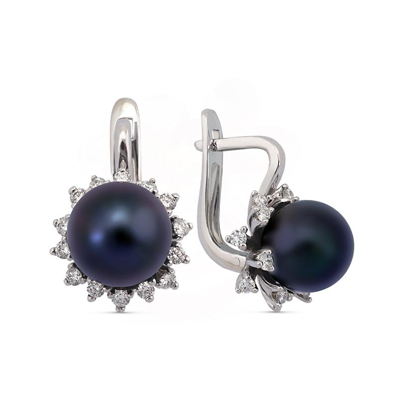 Серьги с английским замком, белое золото 585 проба, вставка жемчуг (Беларусь)