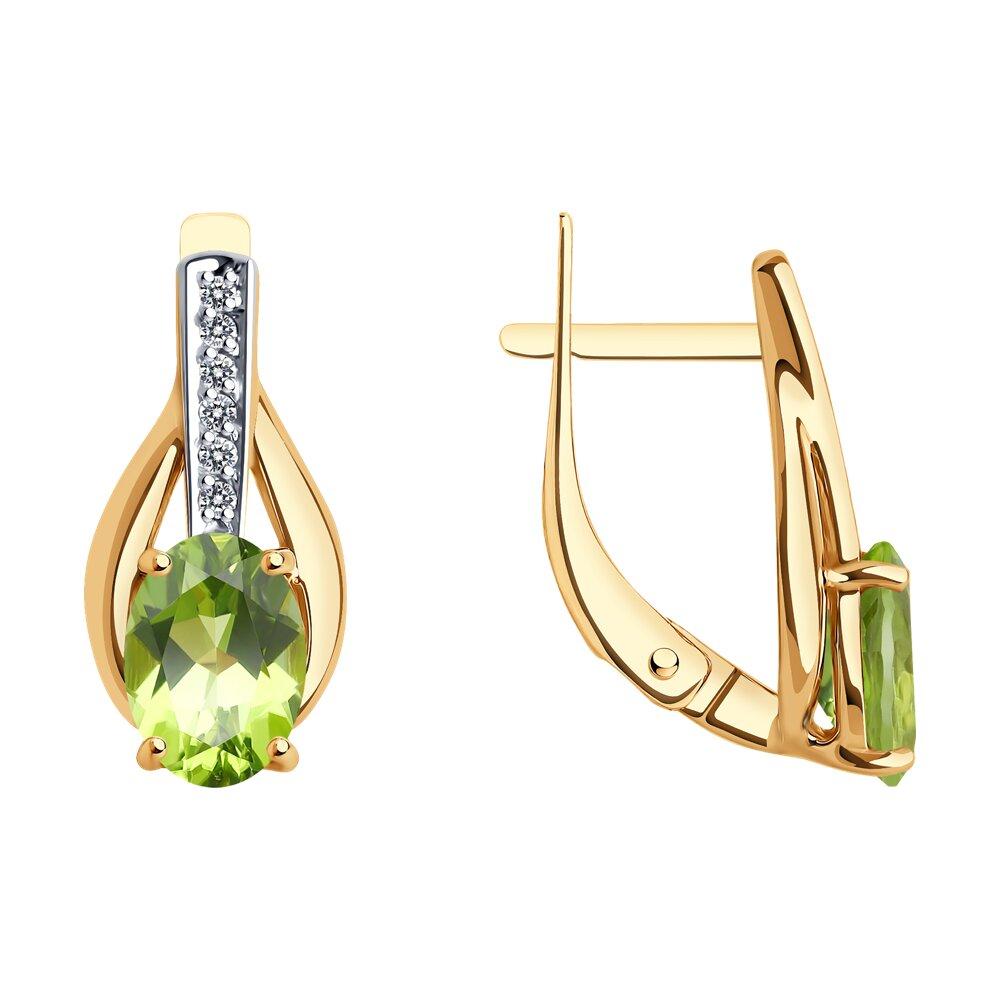 Серьги с английским замком, красное золото 585 проба, вставка фианит/хризолит (Россия)