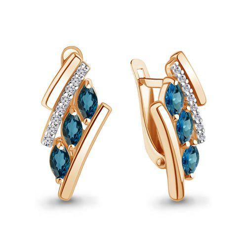 Серьги с английским замком Aquamarine, красное золото 585 проба, вставка фианит