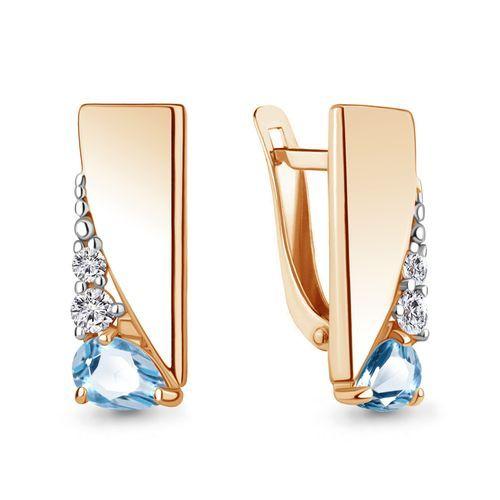 Серьги с английским замком Aquamarine, красное золото 585 проба, вставка фианит