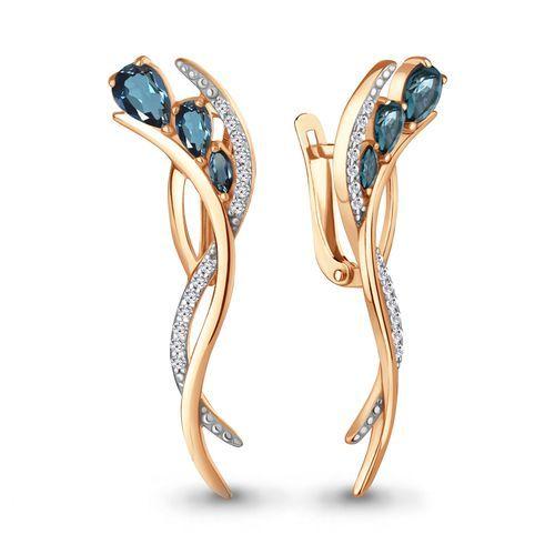 Серьги длинные Aquamarine, красное золото 585 проба, вставка фианит