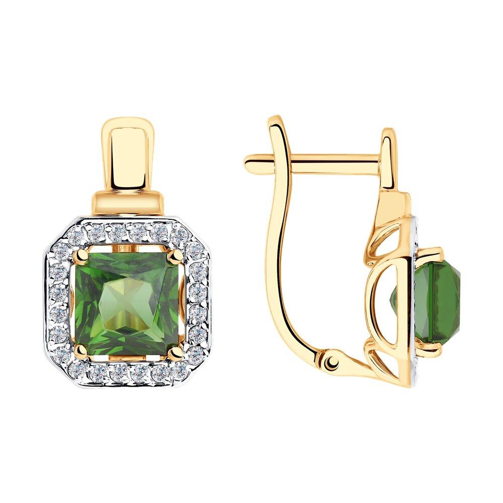 Серьги с английским замком, красное золото 585 проба, вставка фианит/ситалл (Россия)