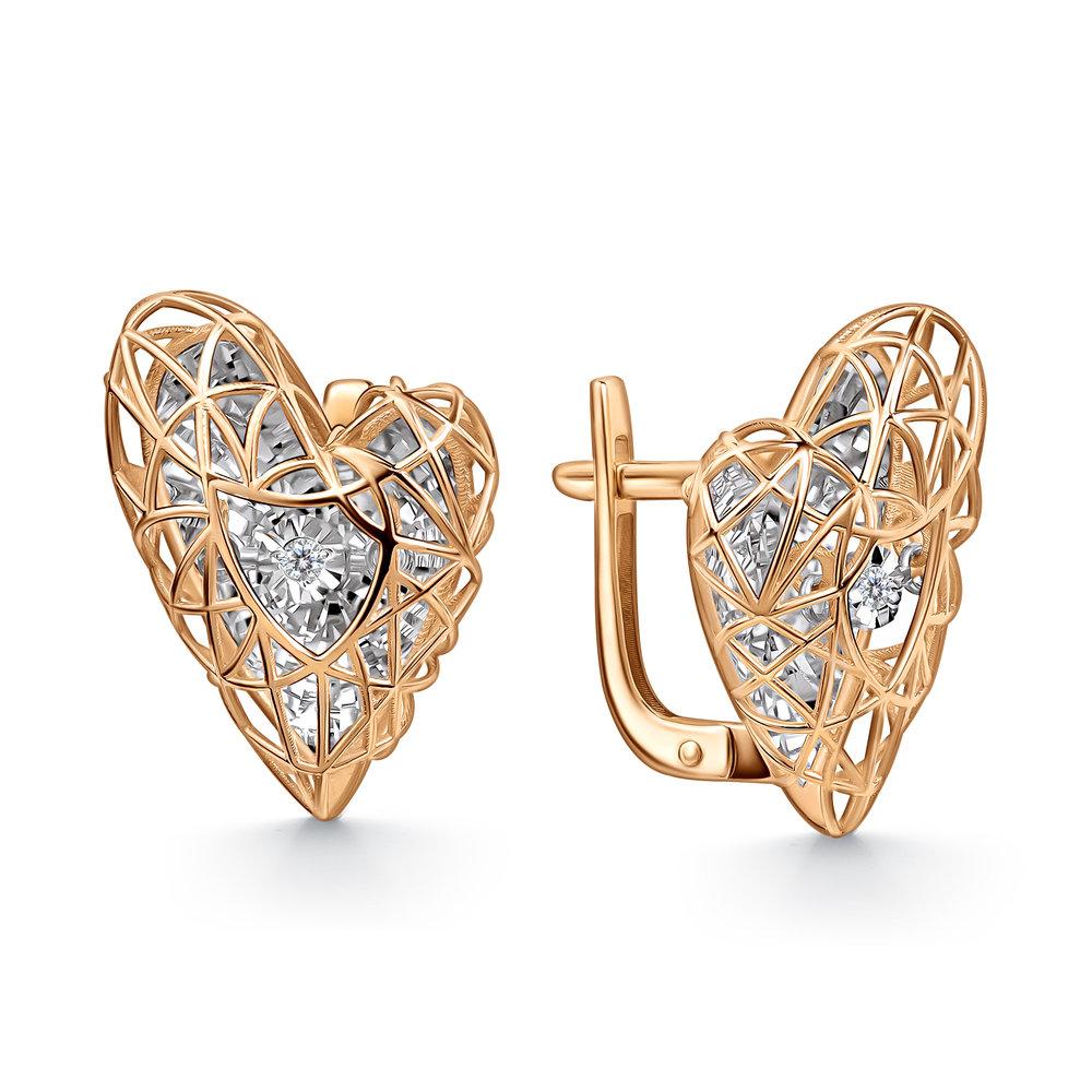 Серьги с английским замком Grigoriev, красное золото 585 проба, вставка бриллиант