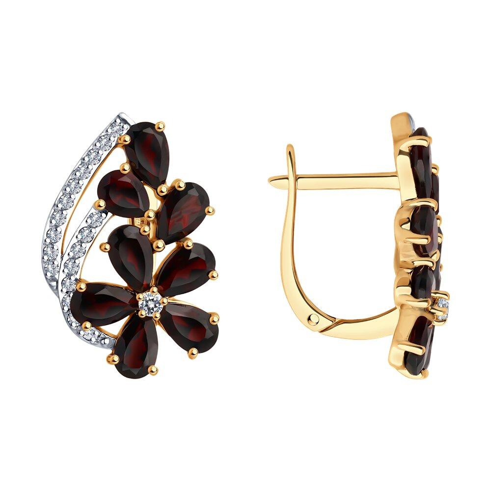 Серьги с английским замком, красное золото 585 проба, вставка фианит/гранат (Россия)