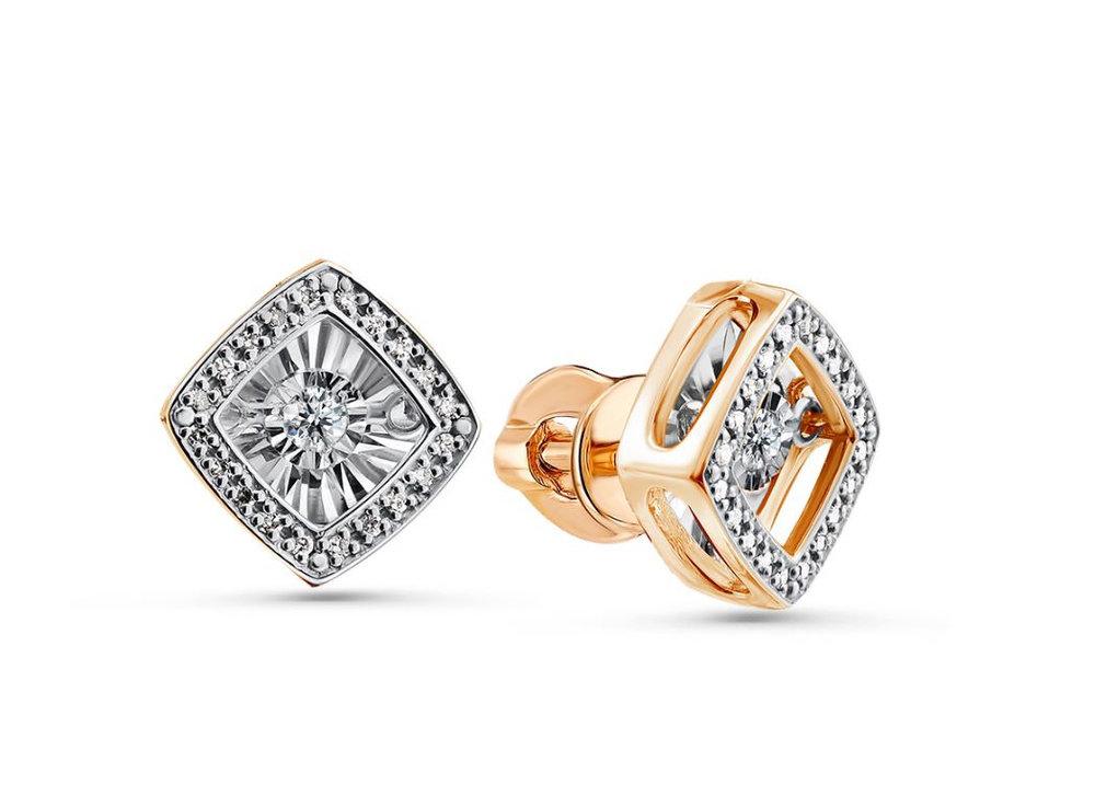 Серьги пусеты Grigoriev, красное золото 585 проба, вставка бриллиант