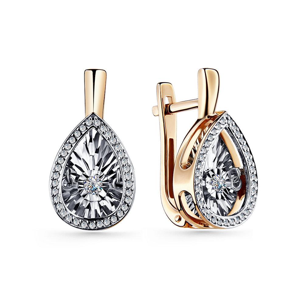 Серьги длинные, красное золото 585 проба, вставка бриллиант