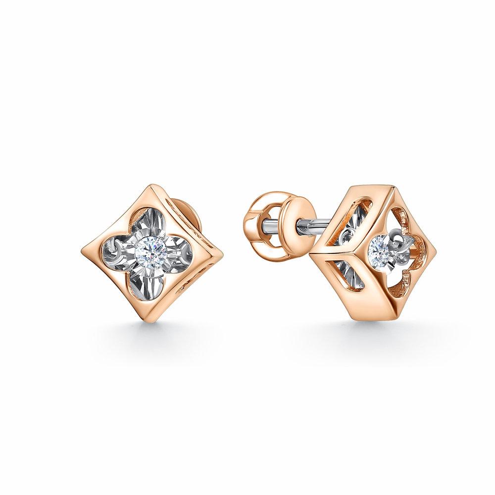 Серьги пусеты Grigoriev, красное золото 585 проба, вставка бриллиант