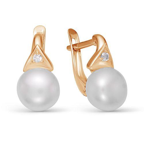 Серьги с английским замком Zlato, красное золото 585 проба, вставка фианит/жемчуг (Zlato, Россия)